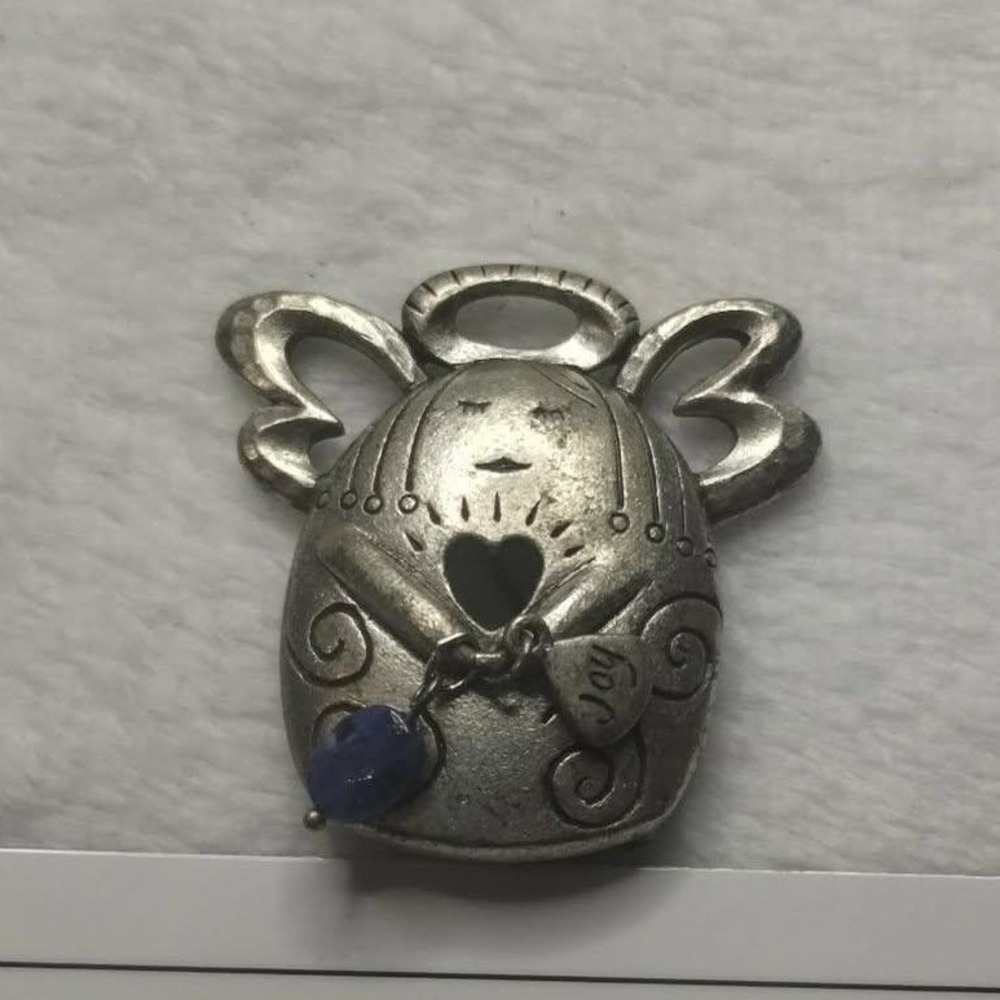 Whimsical Silver Tone Angel Brooch‎ Pin with Blue Bead and Joy Charm Folk Art